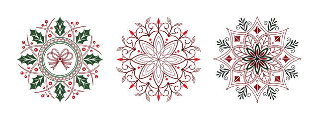 Three Christmas Mandalas With Holly Bow and Ornate Designs berries