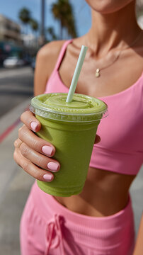 Young sporty woman drinking matcha tea in the street.