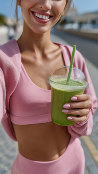Young sporty woman drinking matcha tea in the street.