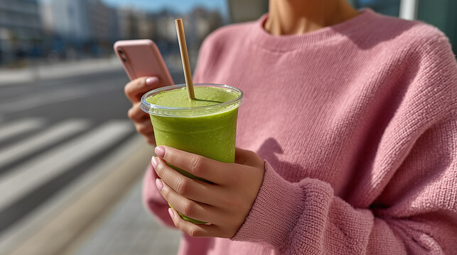 Young sporty woman drinking matcha tea in the street.