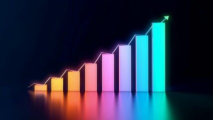 Colorful glowing bar chart rising upward with bright neon gradients and reflective surface creating a modern concept of growth progress and performance - Powered by Adobe