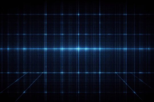 Abstract dark blue digital grid background with glowing lines. Concept of cyberspace, virtual reality, and matrix technology