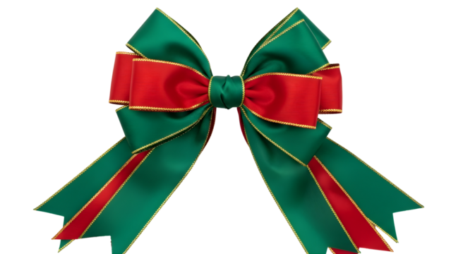 Vibrant Red and Green Christmas Bow with Gold Trim Isolated on Black Background