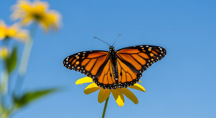 Monarch Butterfly with Orange Wings on Yellow Wildflower - Pollinating Insect Macro Photography in Sunny Meadow with Clear Blue Sky Background
