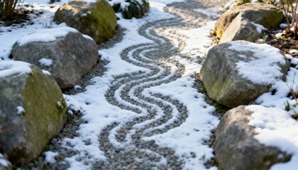Naklejka premium Thin snow on gravel path in winter garden, soft morning light, calm mood, photorealistic style
