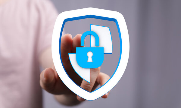 Illustration of a shield with a padlock, representing data protection, security, and digital privacy. Concept for online security and