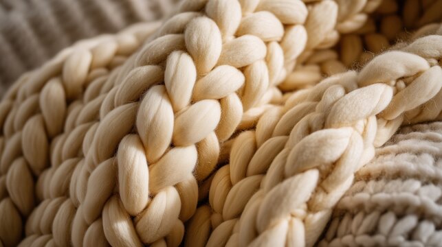 Extreme Close-Up of a Cream Chunky Knit Wool Blanket
