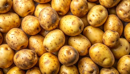 An overhead shot of numerous potatoes clustered together, displaying rough skin patterns, light brown tones, and natural blemishes, forming a textured, earthy arrangement of fresh, rustic produce.