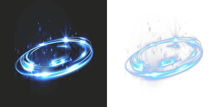 Light blue energy vortex swirl PNG set — glowing spiral rings, futuristic motion trail, magic portal effect, neon speed rotation, transparent background, sci-fi circular light loop graphics