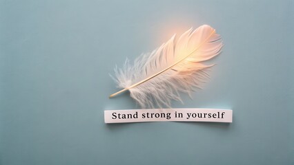 White feather glowing softly on blue background with message