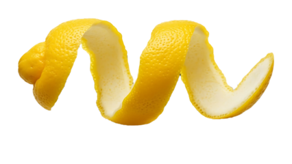 Closeup of a vibrant yellow lemon peel, elegantly curled and isolated on transparent background, showcasing its texture
