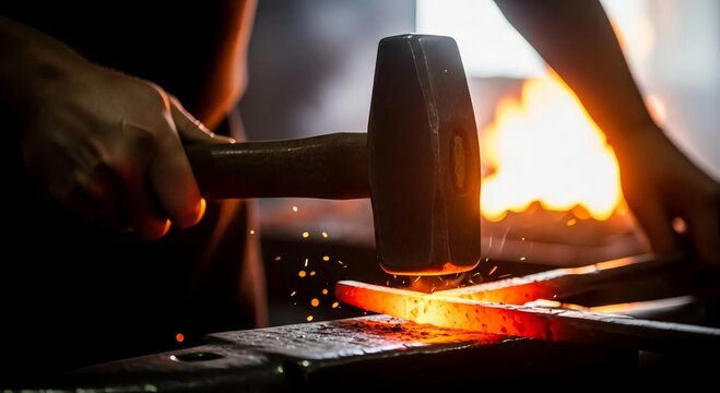 Close-up of a blacksmith's hands hammering glowing hot metal on an anvil, creating sparks in a traditional forge workshop