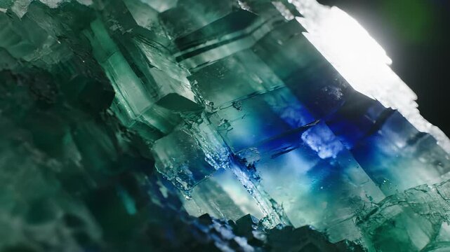 Glass fragment refracting light, blue and green crystals emerging against dark background, showcasing refraction phenomenon in 4K UHD video, perfect for product showcases, scientific.
