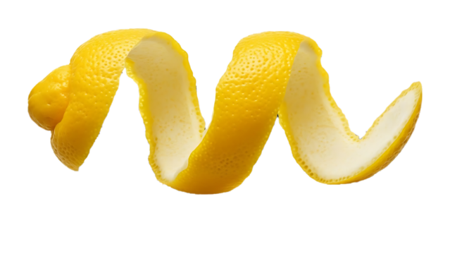 Closeup of a vibrant yellow lemon peel, elegantly curled and isolated on transparent background, showcasing its texture