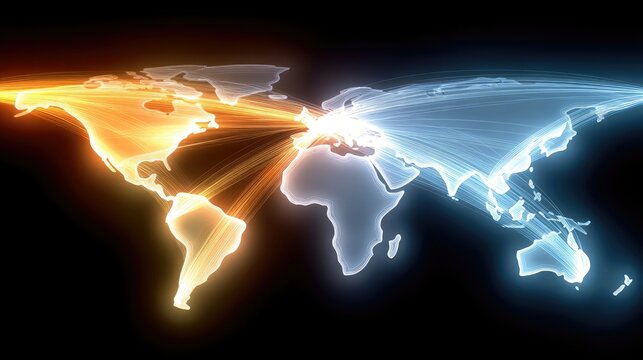 A stylized world map with glowing continents connected by vibrant light streaks, representing global networks and data flow. The left side is illuminated with w - Powered by Adobe