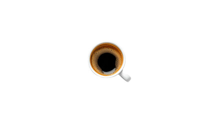 Close up overhead view of a single cup of coffee with a white spoon isolated on transparent background