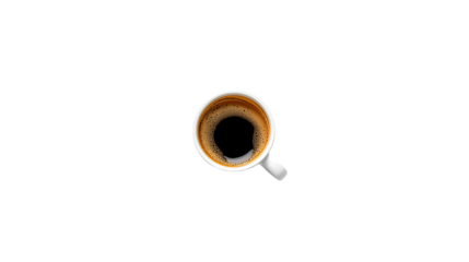 Close up overhead view of a single cup of coffee with a white spoon isolated on transparent background