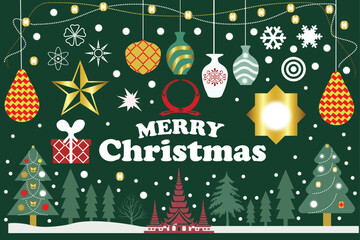 Christmas holiday green backround. tree frame, Christmas lights. merry Christmas lettering for banners, party poster pagoda modern design vector image made by adobe illustrator.