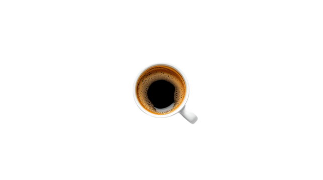 Close up overhead view of a single cup of coffee with a white spoon isolated on transparent background