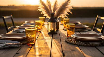 An elegantly set rustic wooden table for an alfresco dinner party during a golden sunset
