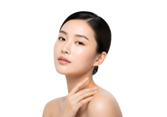 Portrait of a radiant young Asian woman with natural glowing skin posing gracefully, highlighting beauty and healthy complexion for skincare and wellness concepts
