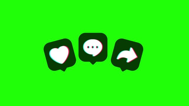 Social media heart comment and share icons with rgb glitch effect isolated on solid background.