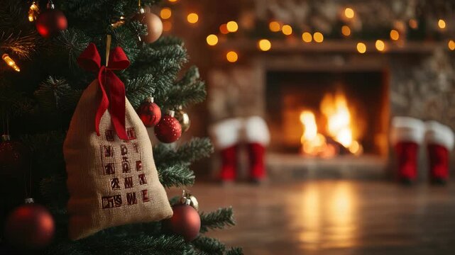 Festive living room with a glowing Christmas tree, advent calendar on the mantle and crackling fireplace with stockings, creating a warm, cozy holiday atmosphere at home
