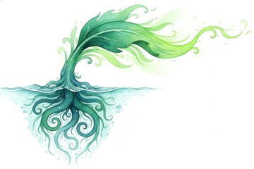 Fototapeta premium Vibrant green plant emerging from blue water in abstract style green hydrogen production