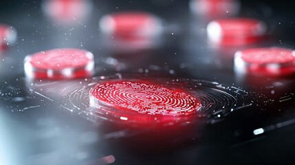 A close-up, abstract digital illustration featuring a glowing red fingerprint scan on a dark, textured surface. Multiple blurred red circular elements are visib