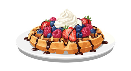 A delicious waffle topped with fresh strawberries, raspberries, blueberries, whipped cream, and chocolate drizzle for breakfast