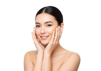 Beautiful young Asian woman with glowing perfect skin gently touches her cheek smiling confidently showcasing natural beauty and healthy complexion skincare concept