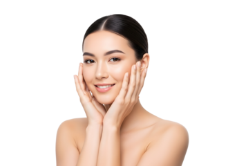 Beautiful young Asian woman with glowing perfect skin gently touches her cheek smiling confidently showcasing natural beauty and healthy complexion skincare concept