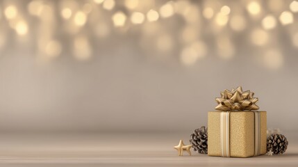 Golden Christmas Gift Box with Pinecones and Festive Bokeh Light