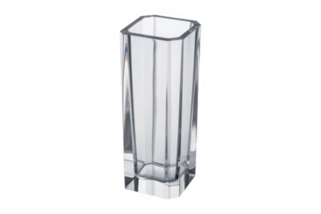 Tall faceted clear glass vase with square base isolated on a transparent background