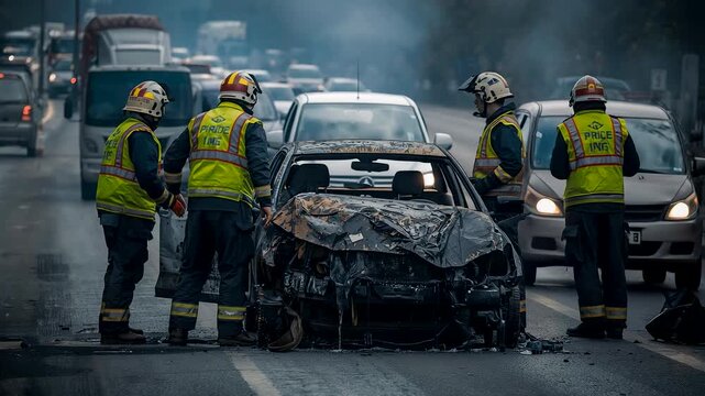 Firefighters inspecting a severely damaged burnt car on a busy road with smoke rising and traffic halted during an emergency response scene