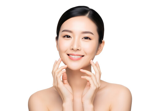 Portrait of a beautiful young Asian woman with radiant healthy skin gently touching her face reflecting natural beauty and self-care for skincare and wellness