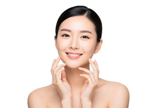 Portrait of a beautiful young Asian woman with radiant healthy skin gently touching her face reflecting natural beauty and self-care for skincare and wellness