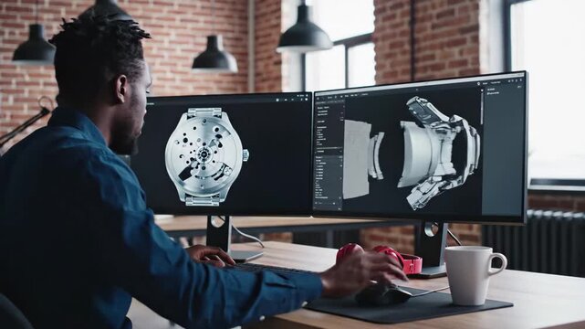African american designer working on 3d watch model on dual monitors in a modern office