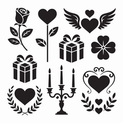 Set of romantic valentine gift box icons with hearts and decorative elements