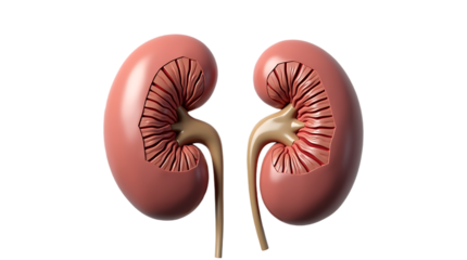 Realistic 3d rendering of two human kidneys with internal structures visible isolated on transparent background