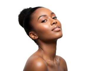 Confident young African American woman showcases her radiant natural beauty with glowing healthy skin and an elegant serene expression highlighting a youthful and vibrant wellness lifestyle