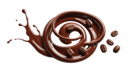 Swirling liquid chocolate with coffee beans isolated on a transparent background