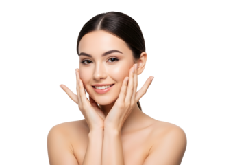 Beautiful healthy young woman with clear glowing skin happily touching her face, symbolizing effective skincare, natural beauty, and youthful radiance