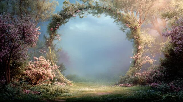 Beautiful enchanted landscape. Fantasy garden background. Magic meadow with spring blooming trees. Round frame with copy space in the middle