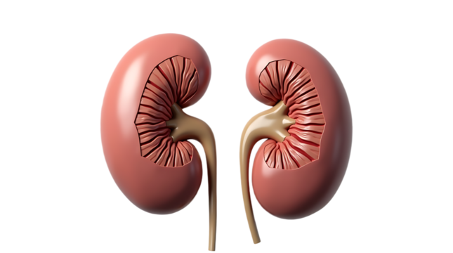 Realistic 3d rendering of two human kidneys with internal structures visible isolated on transparent background