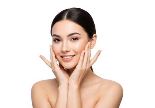 Beautiful healthy young woman with clear glowing skin happily touching her face, symbolizing effective skincare, natural beauty, and youthful radiance