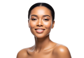 Radiant young woman with flawless healthy skin and a beautiful natural smile confidently looks at the camera embodying modern beauty and wellness