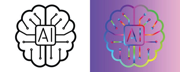Modern brain icon with AI chip for innovative technology and learning, a clean graphic for artificial intelligence concepts and machine learning solutions.