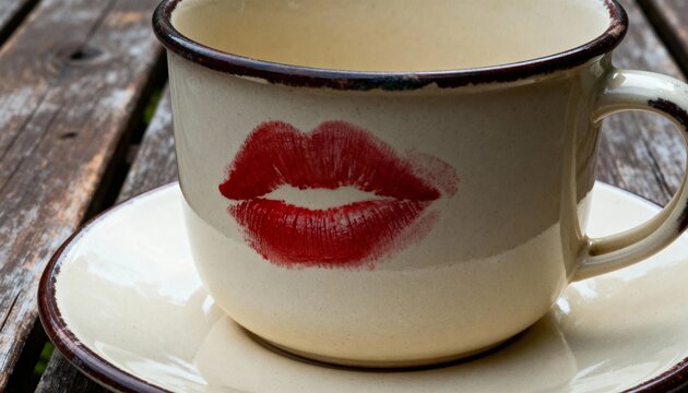 Mug on saucer with lipstick stain in soft daylight, detailed quiet mood, photorealistic style - Powered by Adobe