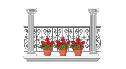 Obraz premium Elegant balcony with vibrant red geraniums in terra cotta pots adding charm to a classic architectural design for stylish home decor